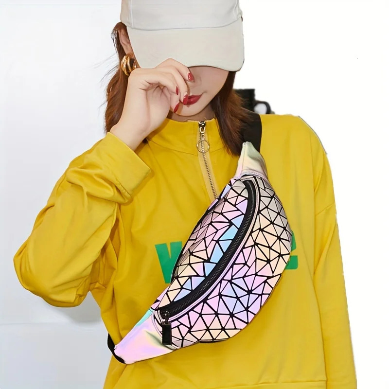 Womens fashion waist bag Holographic Geometry luminous folding chest crossbody 250219
