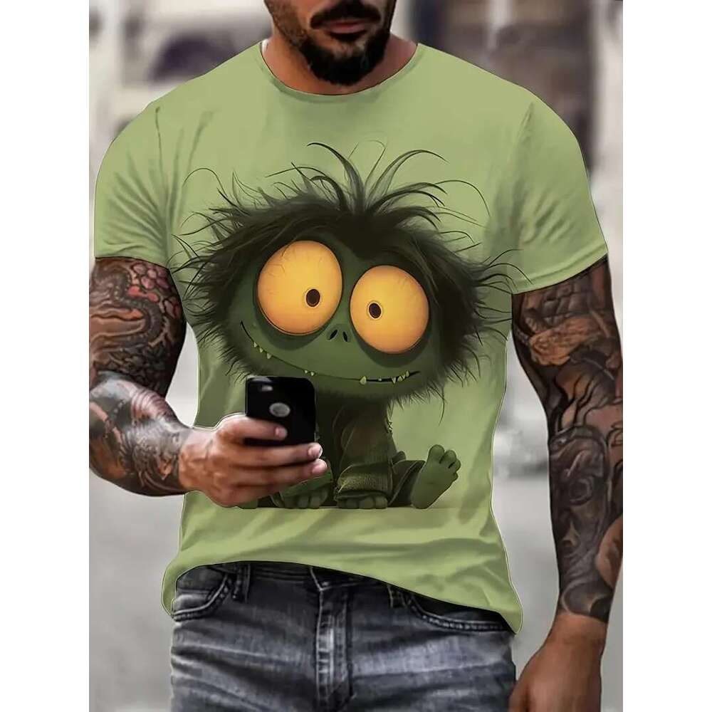 Men's Printed Cat Short Sleeve T-shirt, Casual Street Fashion, Round Neck Sweater, Men's Breathable Clothing, Summer, Funny