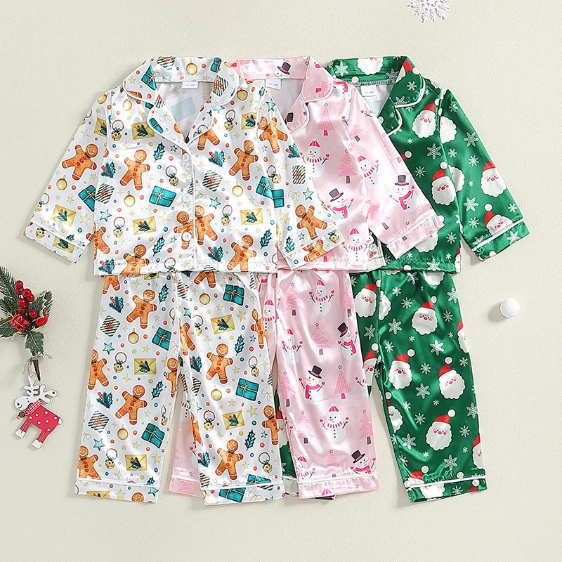 -06-19 Lioraitiin Kid Boy Girl Christmas Pajamas Set Snowman Print Long Sleeve Button Down Tops Elastic Waist Pants Set 250219