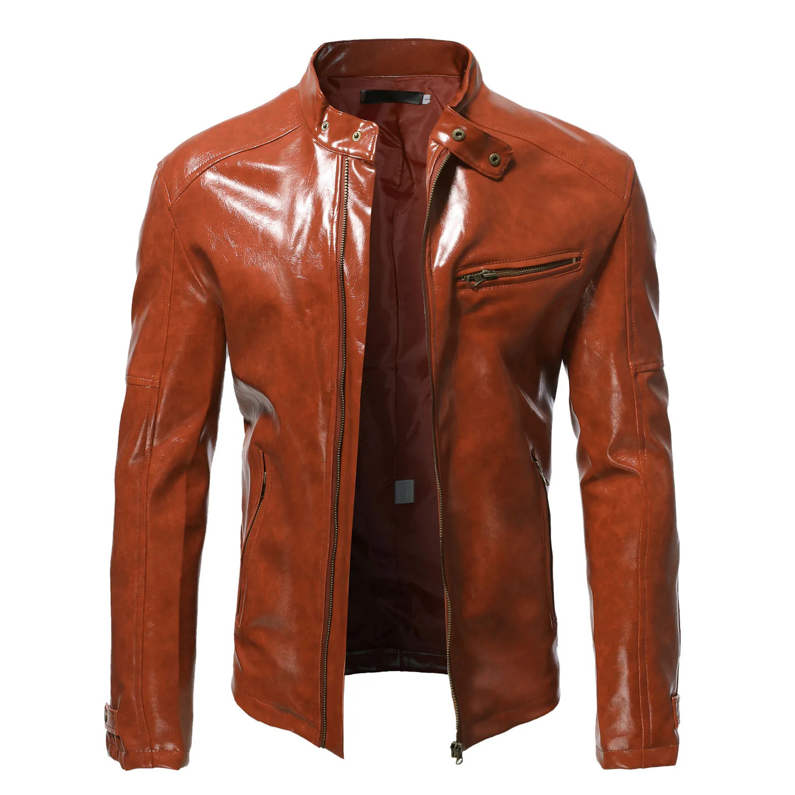 Drift Jacket Men Casual Solid Color Stand Zipper Pocket Leather Slim Lightweight Teen Coat Windbreaker Mens Autumn 250210