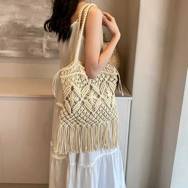 Summer beach bag womens mesh rope knitted bucket shoulder bag mesh hollow travel shopping bag womens fashion handbag Z250219