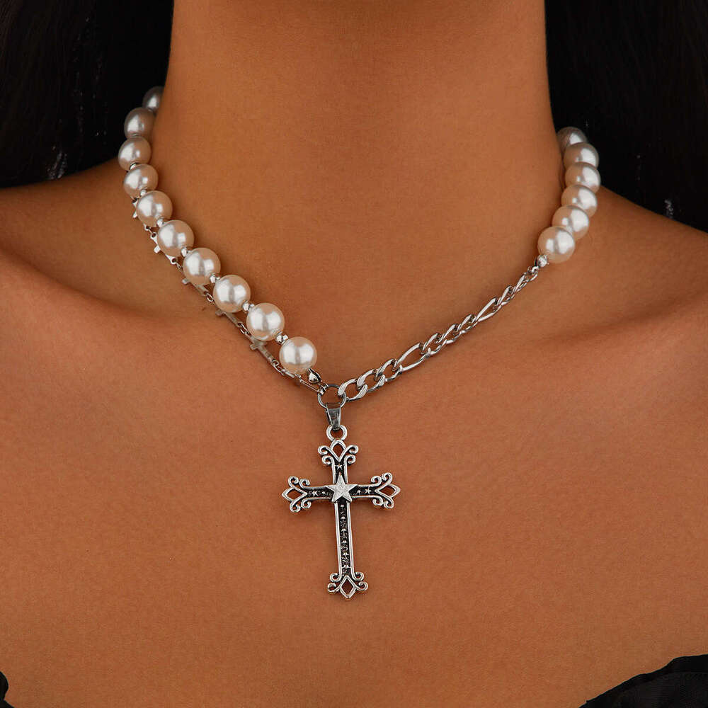 Jewelry fashion cross imitation pearl necklace set, versatile alloy geometric collarbone chain