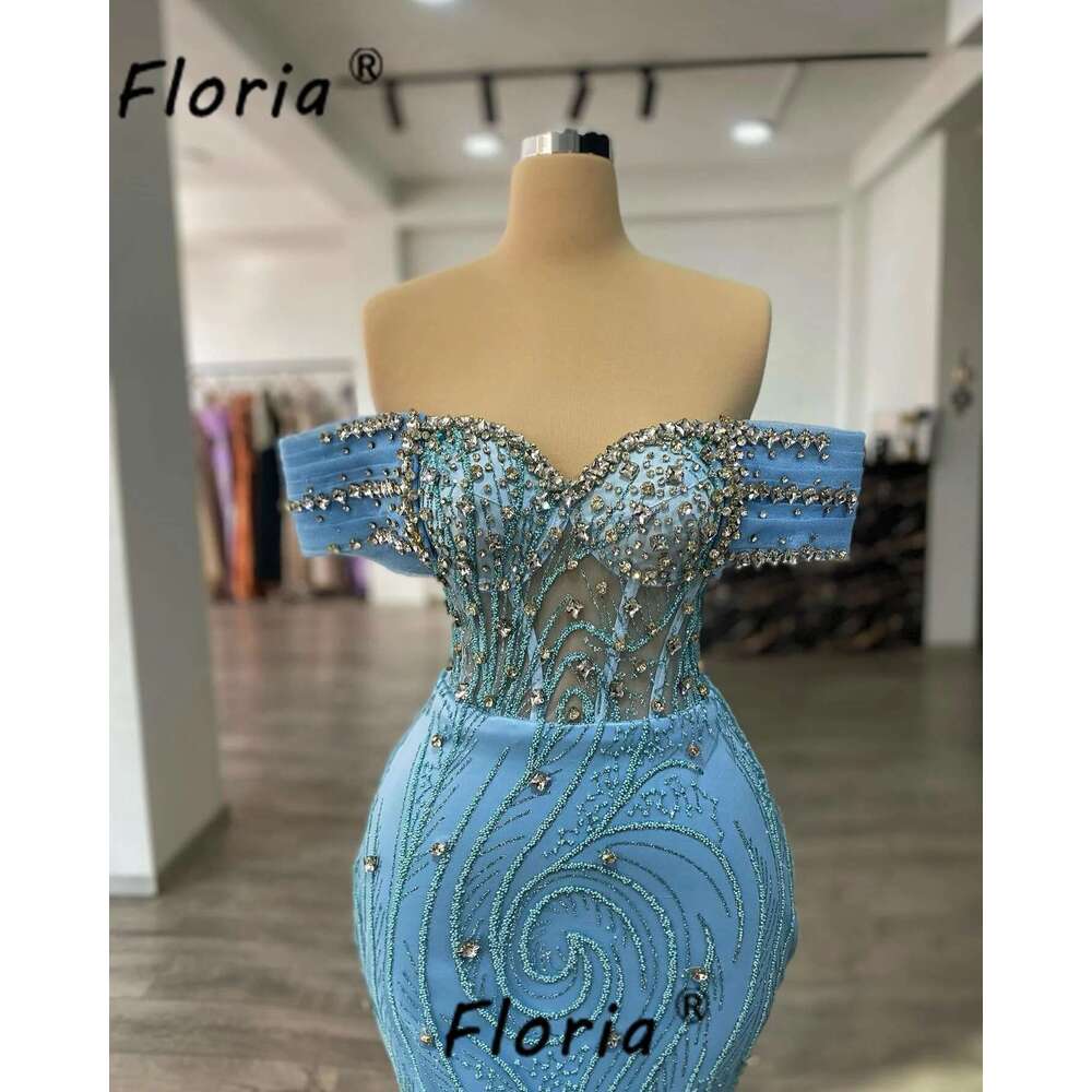 Beads Sexy Mermaid Evening Dresses Crystal Blue Lace Corset Woman Party Prom Gow Paillet