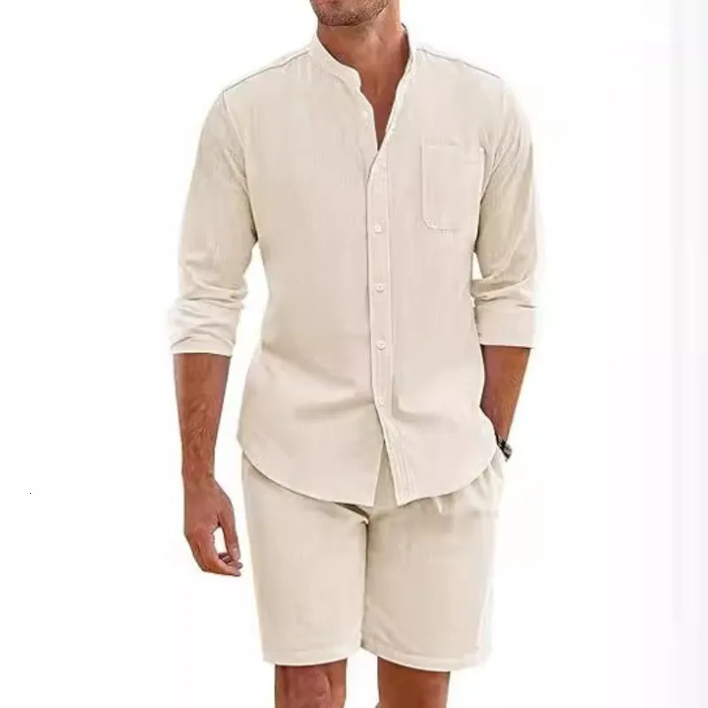 Mens Summer Twopiece Cotton and Linen Comfortable Buttoned Shirt Long Sleeved Shorts Cardigan Simple Casual Beach Outfit 250220