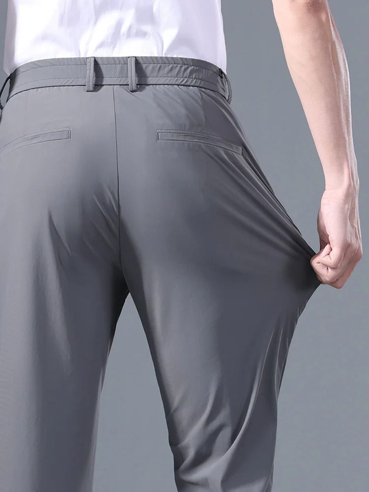Summer Good Stretch Smooth Trousers Men Business Elastic Waist Korean Classic Thin Black Gray Blue Casual Suit Pants Male 250219