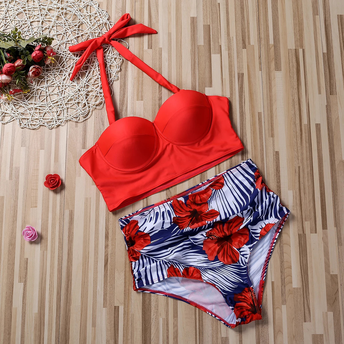 Women Push Up Bikini Set Summer Sexy Slim Flower Print Female High Waist Swimming Suits 250219