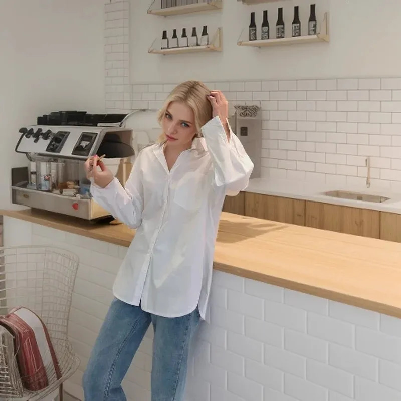 Spring In Minimalist Full Sleeve Women White Basic Shirt Korea Style Button Up Pocket Oversize Woman Blouse Clothing 250219