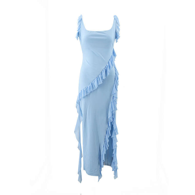 European American style sexy hot girl summer women's dress with suspender, square neck, fungus edge, side slit, solid color dress, 2025 new style