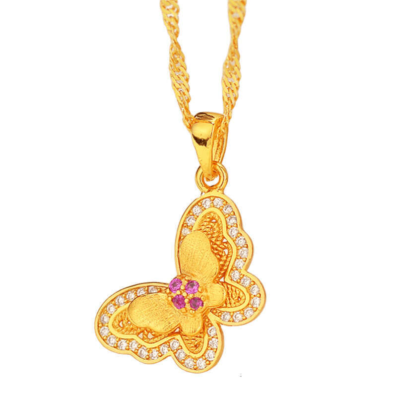 The same double-layer wing pendant from Jindian, sand gold feather micro inlaid necklace for women, light , high-end, exquisite colored butterfly