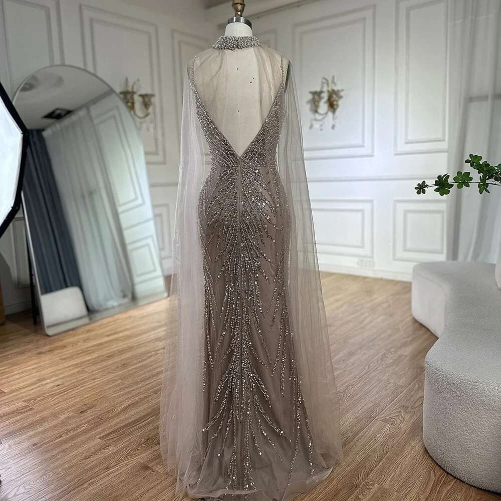 Strap Spaghetti Long Cloak Mermaid Caramel Beaded Evening Dresses Gowns Customize Party BLA