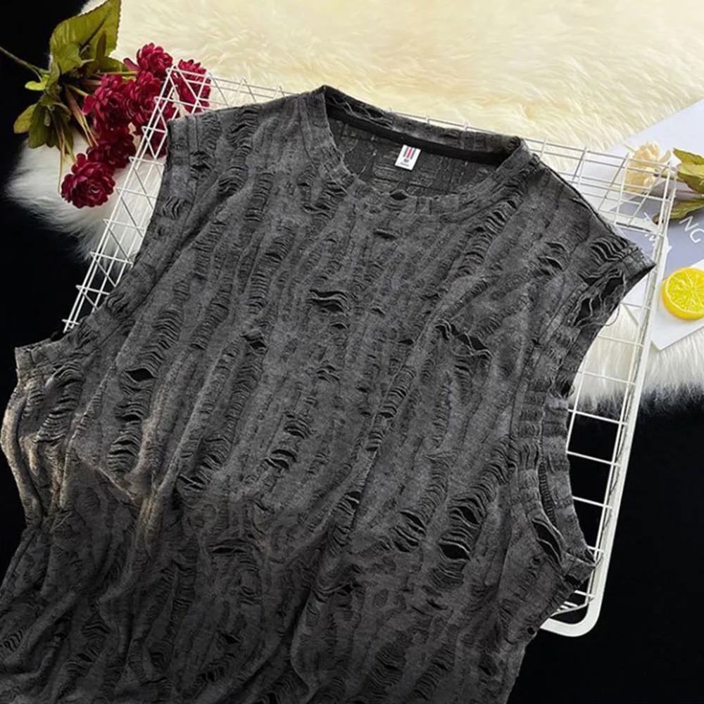 Mens Street Y2k Hole Worn Casual Vest Genderless Summer Niche Personality Versatile Dark Style Hiphop Tank Top Unisex 250219