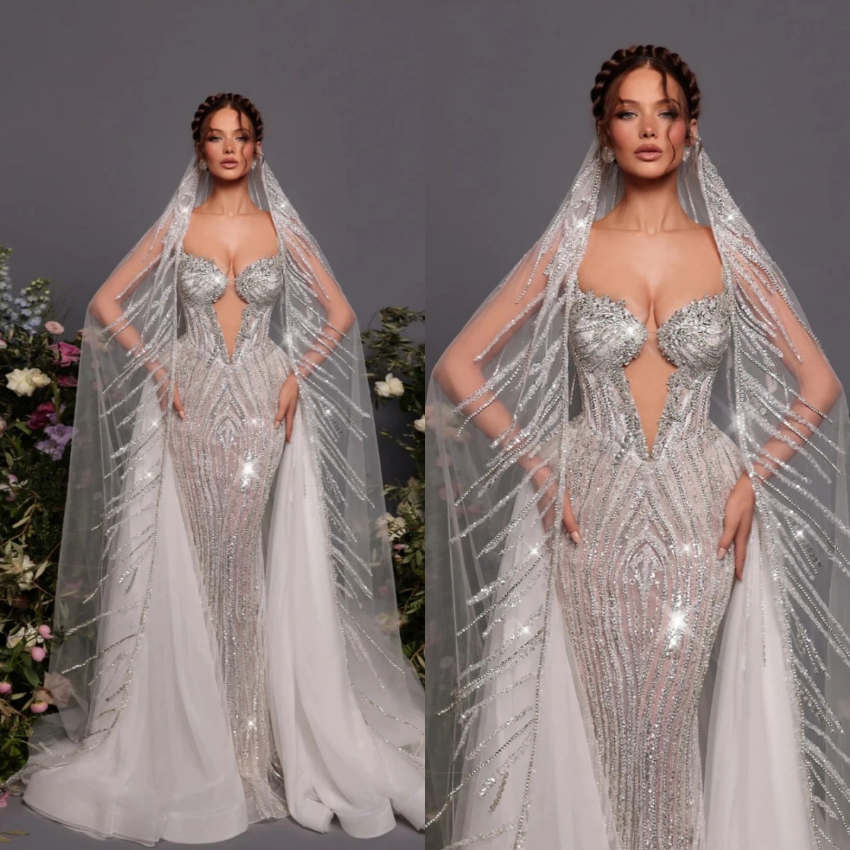 Sexy Mermaid Wedding Dress Spaghetti Strap Sleeveless Bridal Gowns With Veil Crystal Sequins Sweep Train Dresses Custom Made vestidos de novia