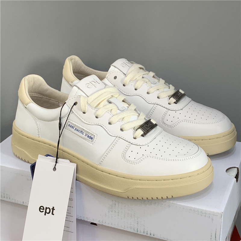 EPT Korean Blogger's Same Cowhide Designer Board Shoes, Fashionable Sports And Leisure Board Shoes, Round Toe Lace Up Women's Niche White Sh
