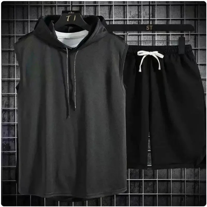 2024 Mens Oversized Tracksuit Set Sleeveless Hood T Shirts Shorts Pants Sports Vest 2 Piece Suits Summer Gym Workout Hoodie 250220