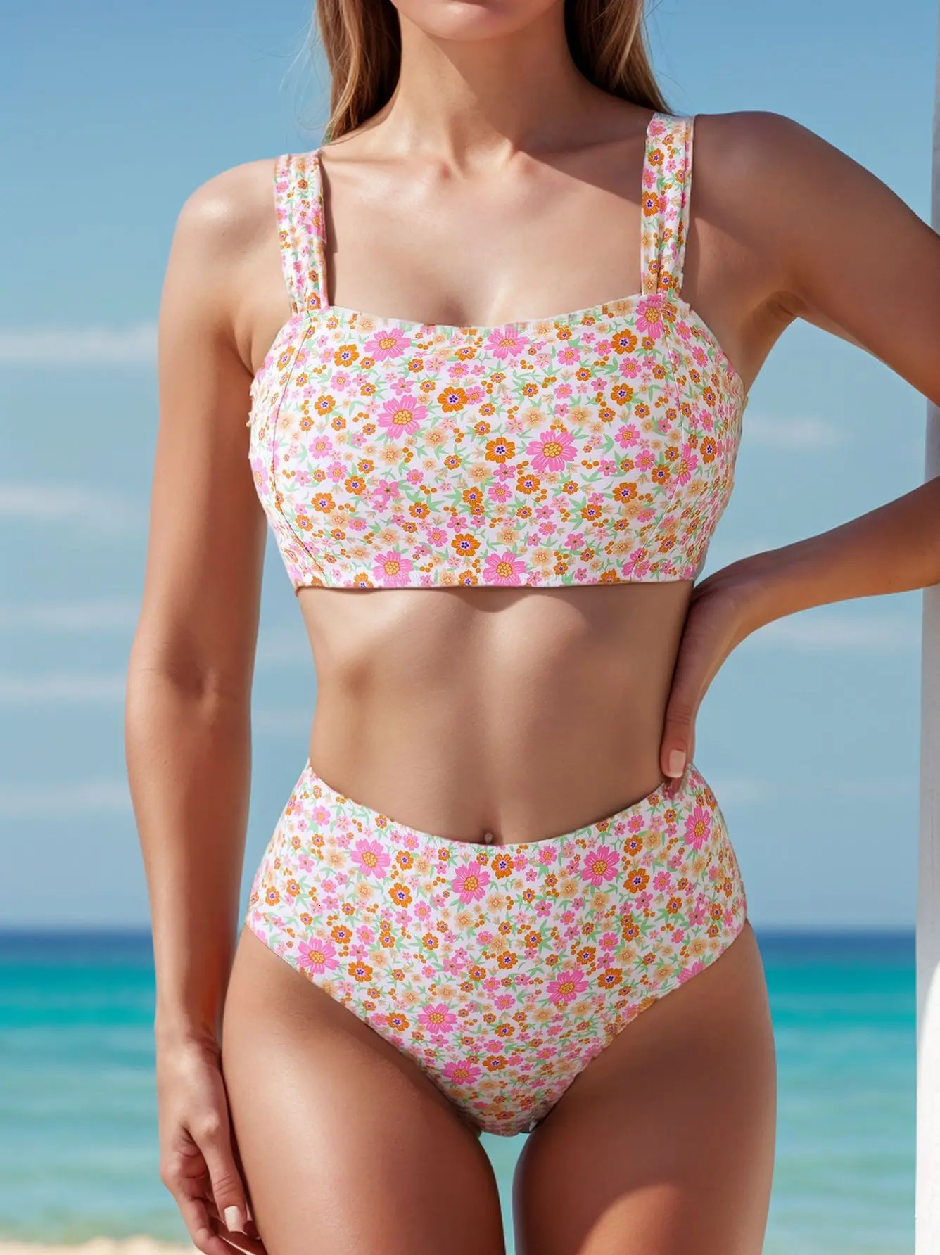 Y2K Sexy Floral Square Neck Bikini Top Sets For Women Two Piece Swimsuit Brazilian Wide Straps Bathing Suit 250220
