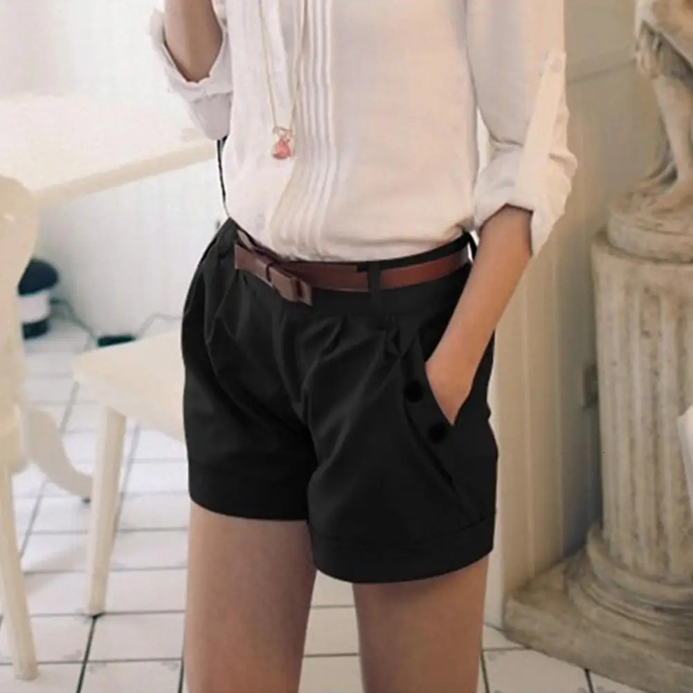 Women Summer Shorts Solid Color Straight Button Decor Daily Wear Shorts High Waist Casual Women Short Pants Female Clothes 250214