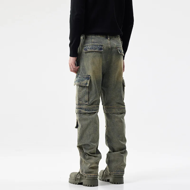 Retro and nostalgic mens jeans autumn and winter personalized multi pocket workwear trend Distressed Denim Y2K Trouser 250220