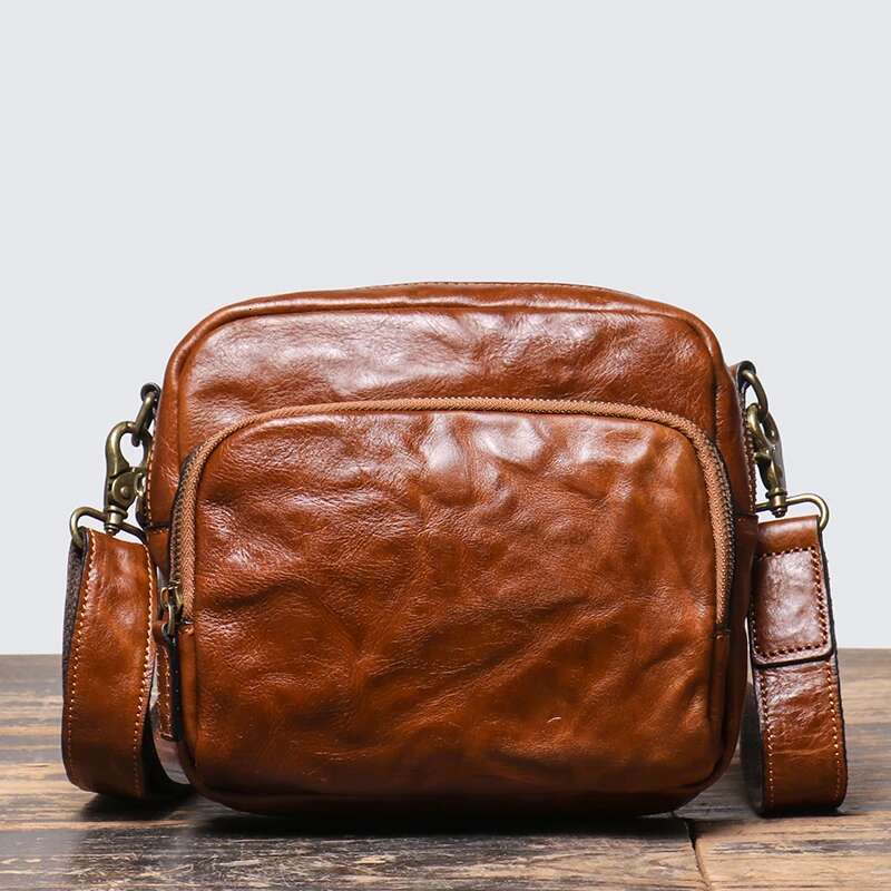 Vintage Casual Men's Head Layer Cowhide Leather Shoulder Handmade Original Horizontal Messenger Phone Bag LEATHFOCUS