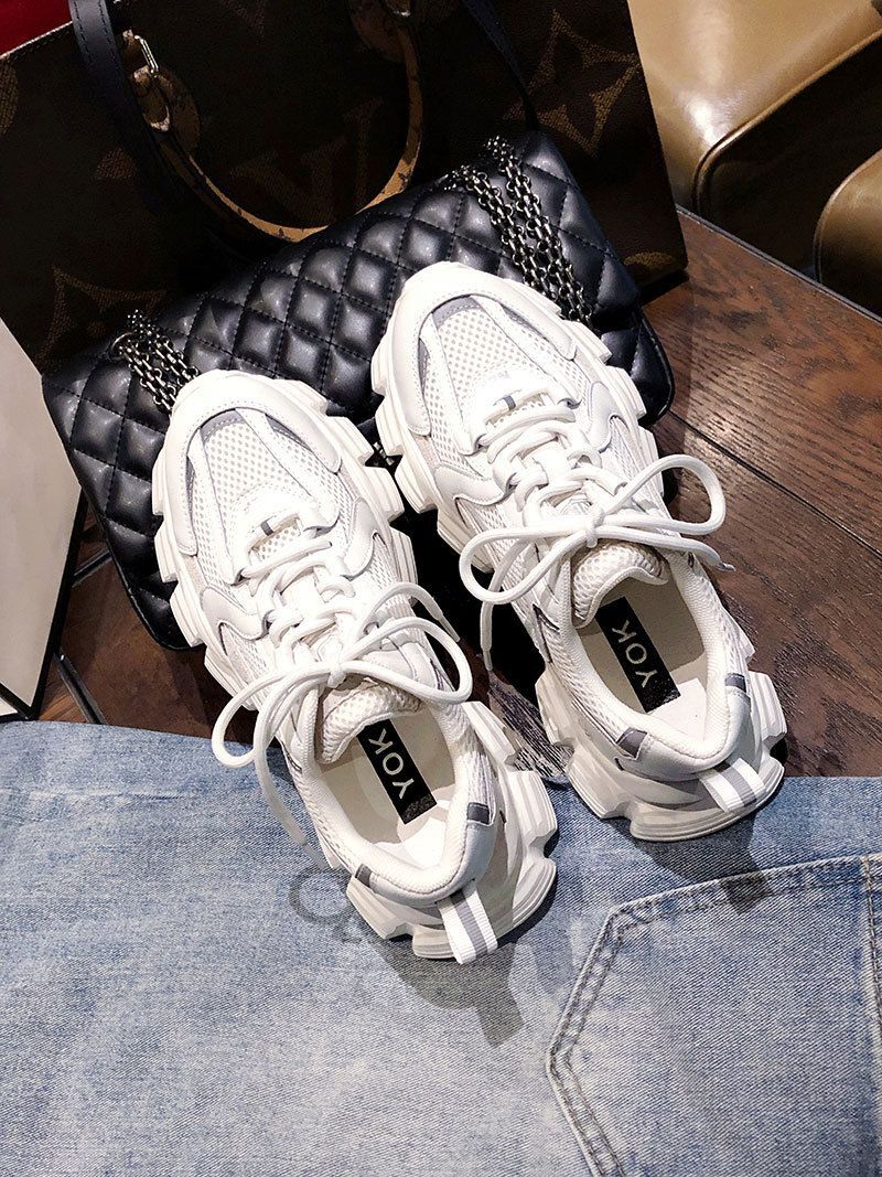 2023 New Spring And Summer Daddy Women's Mesh Surface Increased Leather Thick Bottom Lightweight All-Match Thin White Shoes Breathable