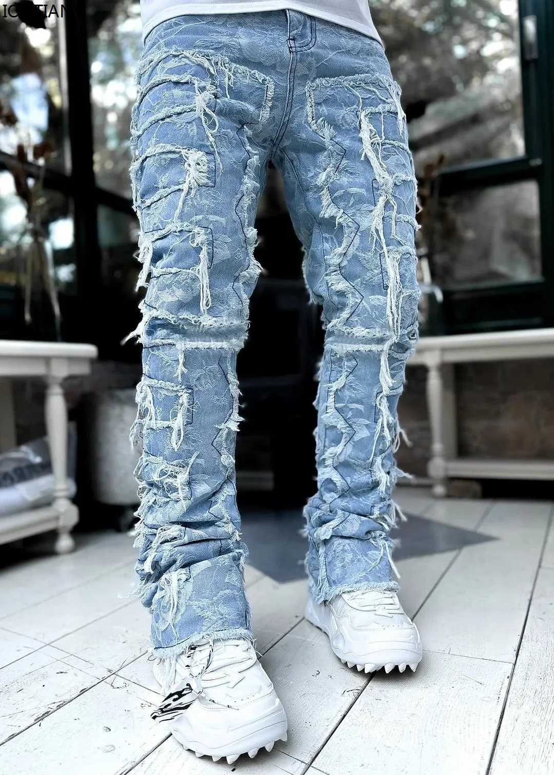 New Fashion Stretch Jeans Men Stacked Jeans Elastic Waist Straight Fit Patchworks Denim Long Pants Fringe Ripped Jeans For Men X250220