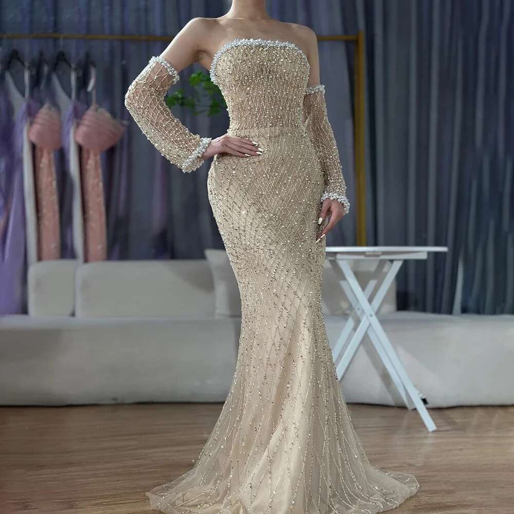 Nude Elegant Arabic Strapless Evening Gown Beaded Dress With Gloves For Formal Ocn Customize BLA mal