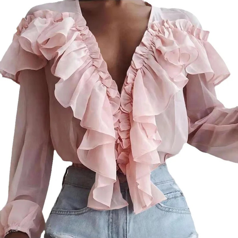 Fashion Sexy Deep V Neck Pullover Shirt For WomenS Spring Autumn Elegant Pleated Ruffles White Long Sleeves Blouse Female 250219