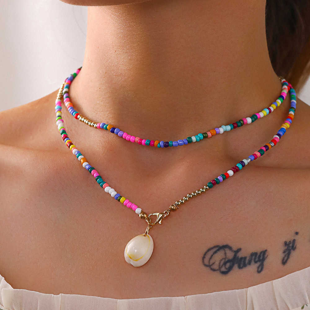 Pendant Necklaces Jewelry Bohemian Colorful Rice Beads Necklace Colorful Shell Pendant Necklace Chain Female H25219