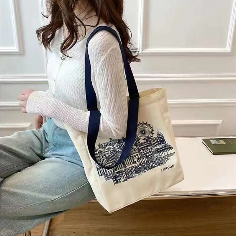 Women Canvas Shoulder London Books Print Ladies Casual Handbag Tote Reusable Large Capacity Cotton Shopping Beach Bag swissmilitary