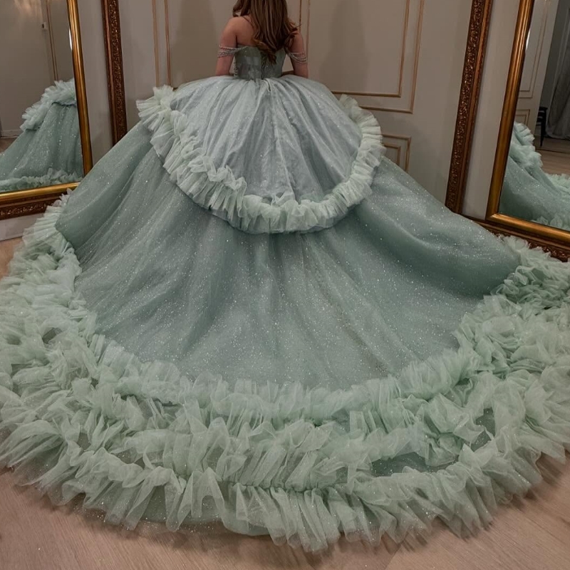 Mint Green Shiny Quinceanera Dresses Ball Gown Off Shoulder Beading Crystal Tull Tiered Sweet 16 Dress Vestidos 15 De Anos