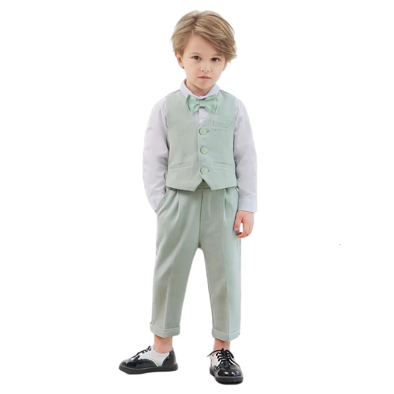 Boys Formal Green Suit Set Children Birthday Host Performance Pography Costume Kids Blazer Pants Bowtie Outfit 250219