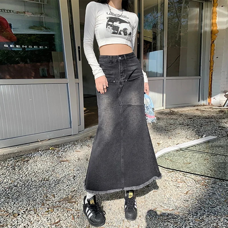 Nichefringe Black Grey Denim Skirt Womens Slimming Versatile MediumLength Fish Tail Spring 2024 Arrival 250220