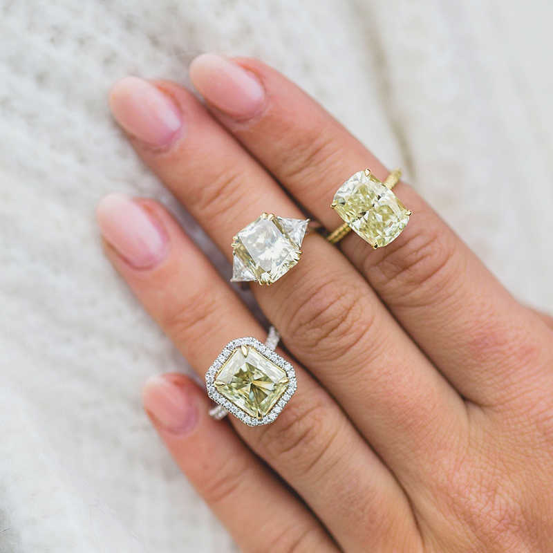 Lutser Fine Jewelry 18K/14K/10K Yellow Gold Double Band 7.0 Carats Elongated Cushion Cut Colored Moissanite Ring