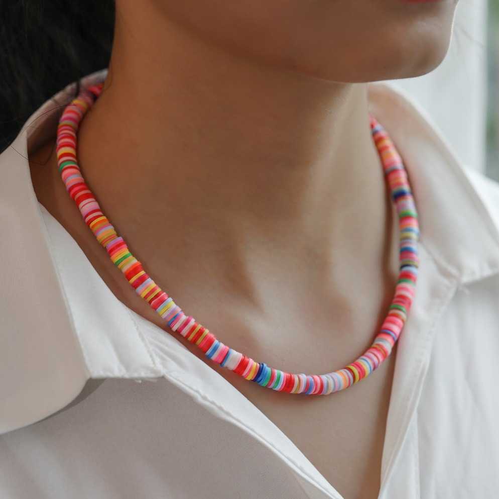 Pendant Necklaces Ins beach style colorful soft pottery piece string necklace Bohemian colorful collarbone chain set H25219