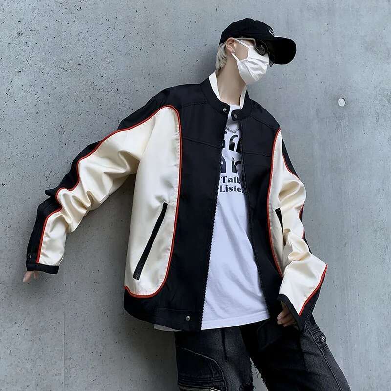 Retro American Motorcycle Jacket for Men, Zipper Closure Coat, Patchwork, for Document Subscribers, Baseball Uniform, for Couple, High Street Racing, 