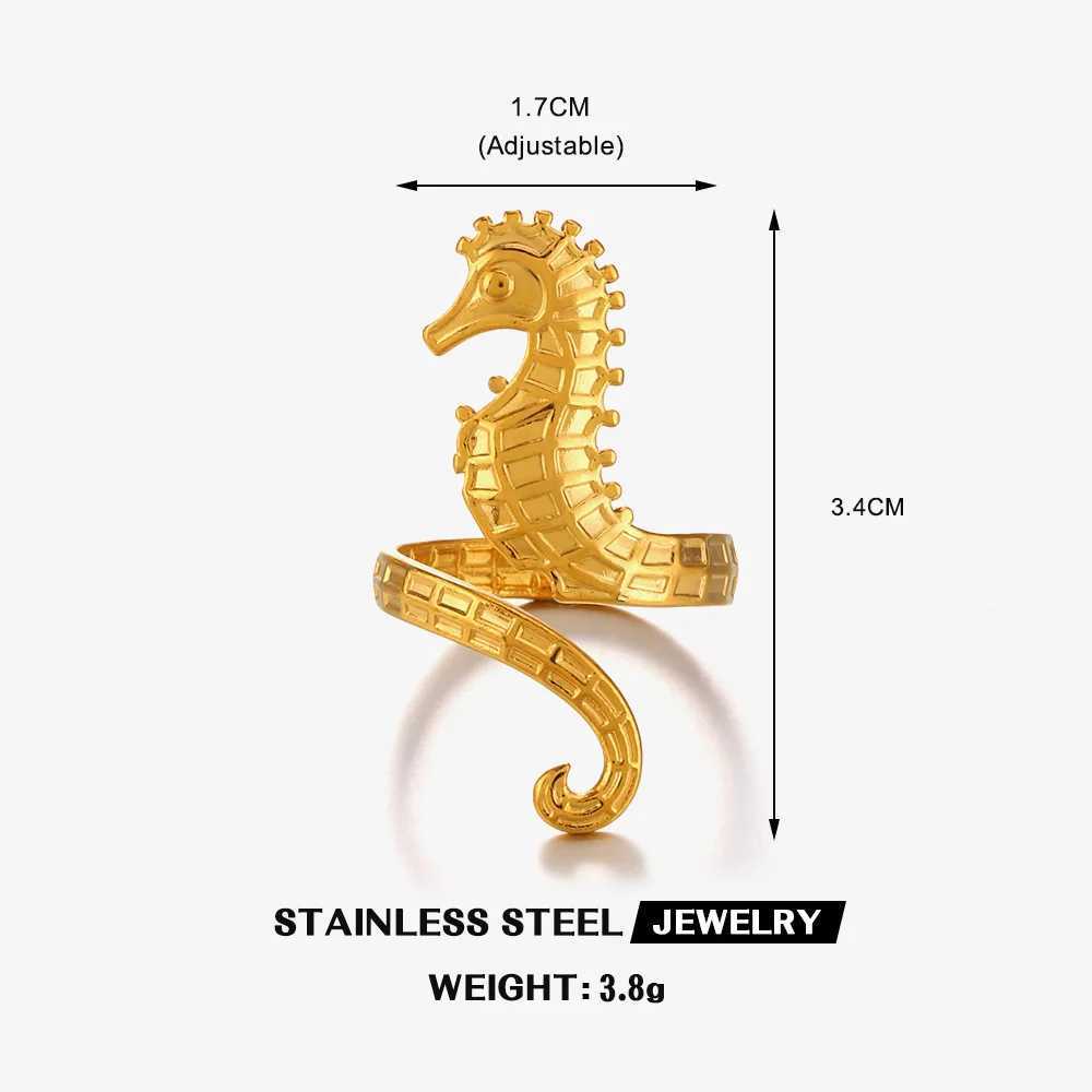 Stainless Steel Gold Color Seahorse Rings for Wen Men Minimalist Metal Adjustable Open Rings Waterproof Stylish Jewelry Femme X250220