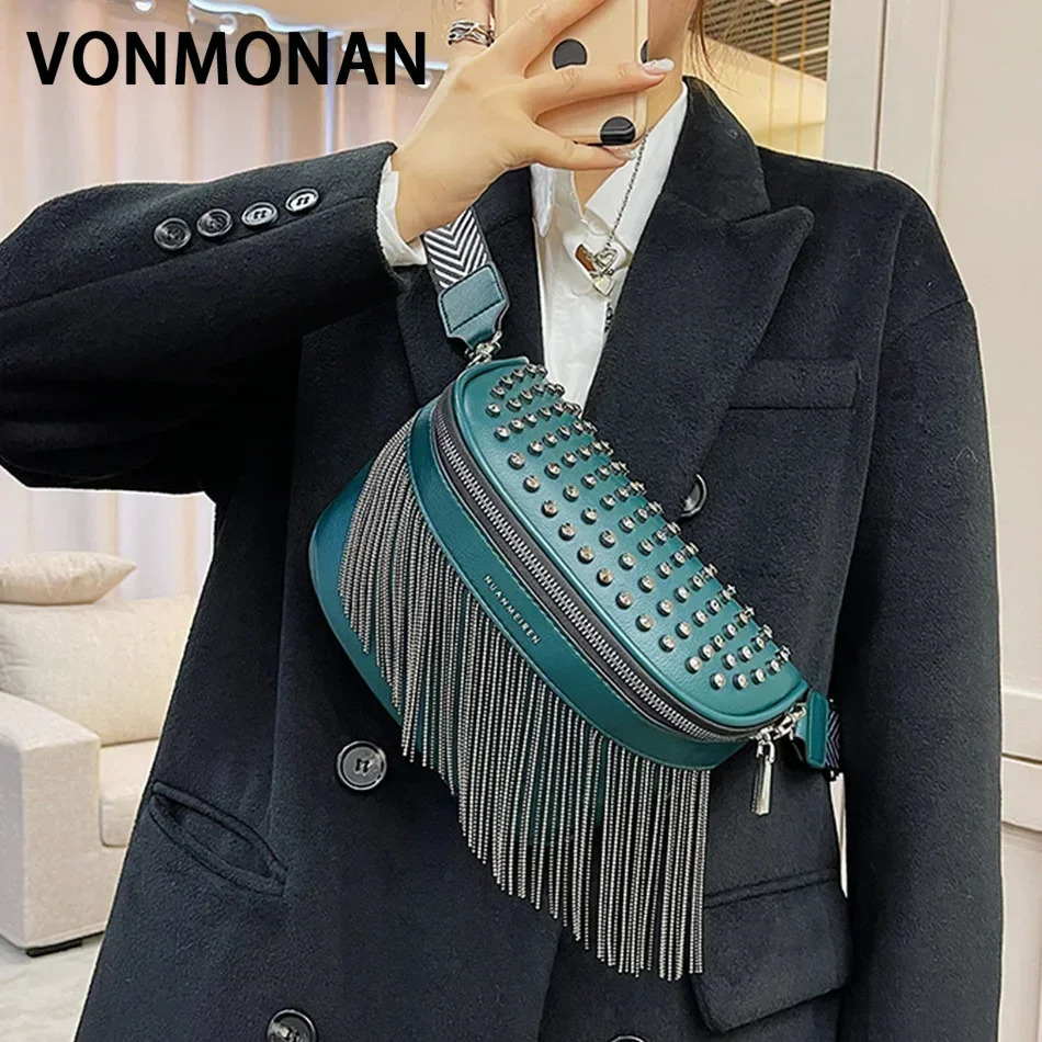 Luxury Woman Chest Bag Fashion Tassel Leather Large Capacity Crossbody Sling Women Waist Casual Rivet Design Travel Sac 250219