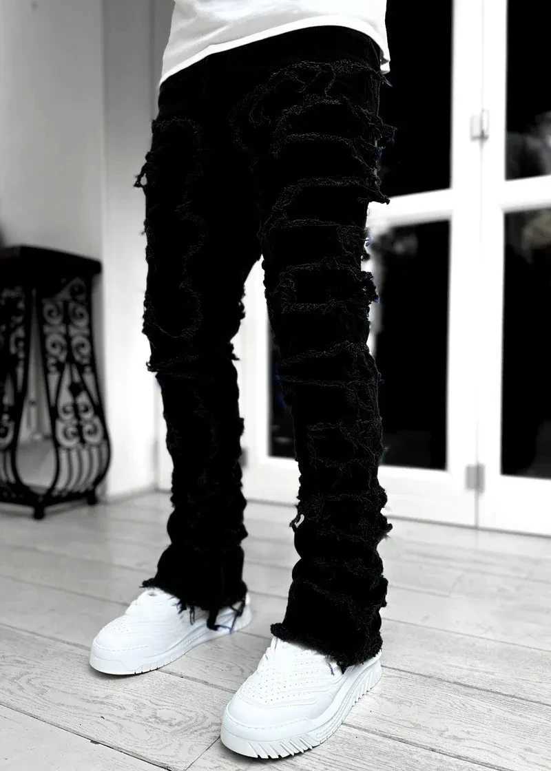 Fashion Autumn Y2K Jeans for Men Solid Color Stretch Patch Denim Trousers Streetwear High Street Straight-Leg Mens Jeans Pants X250220