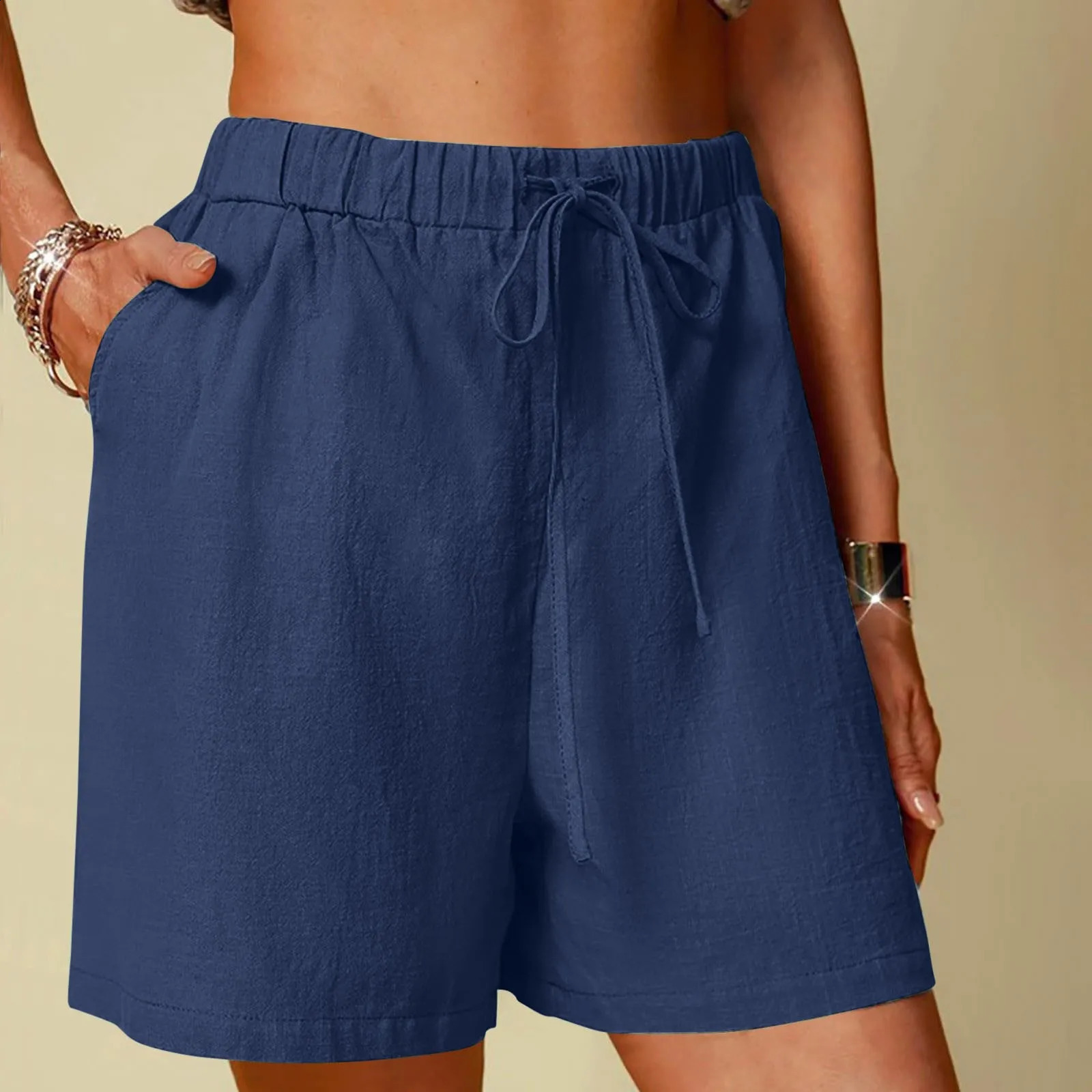 Elastic Waist Casual Shorts For Women In Summer Soild Stretch Summer Shorts High Waist Work Out Trousers With Pocket Drawstring 250217
