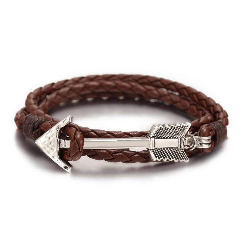 Charm Bracelets Hot selling mens multi-layer hand woven bracelet arrow boat anchor bracelet leather bracelet H25220