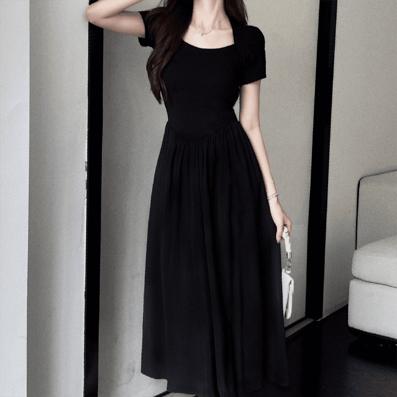 P699270 square collar dress female summer 2025 new black skirt high waist small a-line mid-length skirt