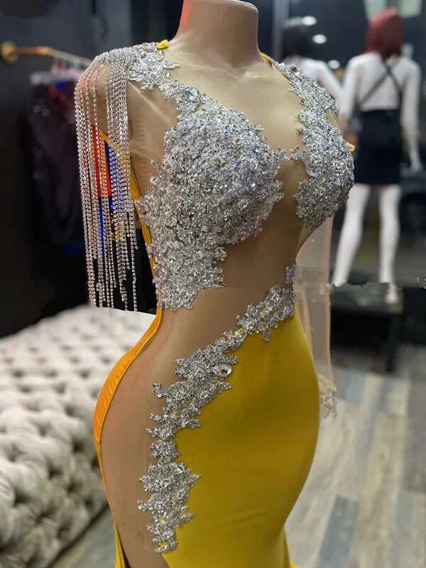 Sexy Yellow Prom Dresses 2025 for Black Girl Mermaid Illusion Bead Tassel Evening Gowns Graduation Gala Dress Customized