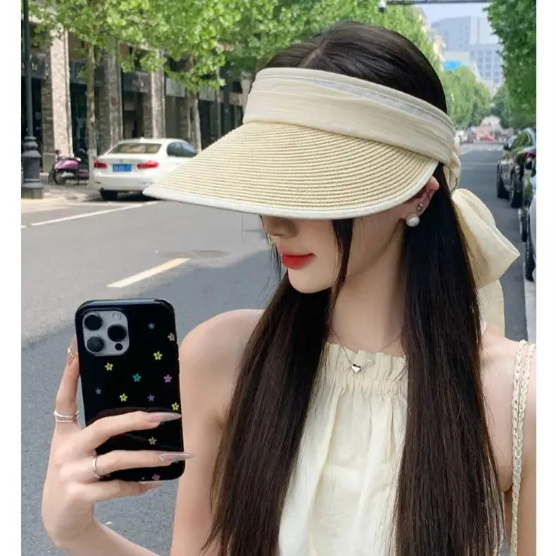 Color Blocking Ice Silk Hairband Hollow Top Hat Korean Fashion Shading Sunscreen Hat Student Outdoor Mountain Climbing Bow 250219