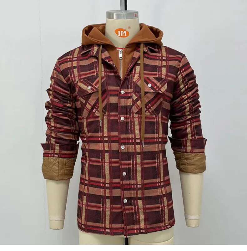 Men's Padded Double Hooded Shirt Jacket, Long Sleeve Checked Buttoned Jackets, Optical Combination, Autumn & Winter