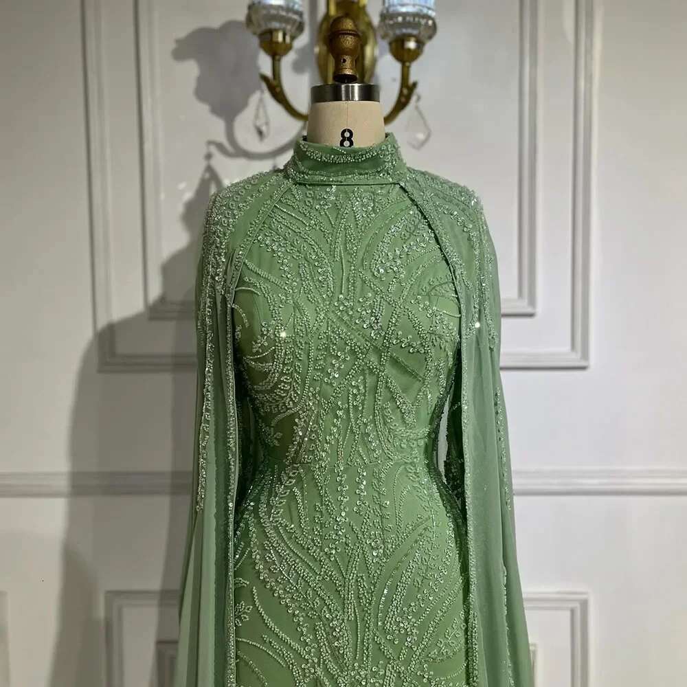 Hill Serene Muslim Sage Green Mermaid Cape Sleeves Beaded Satin Evening Dresses Gowns Customize Party BLA
