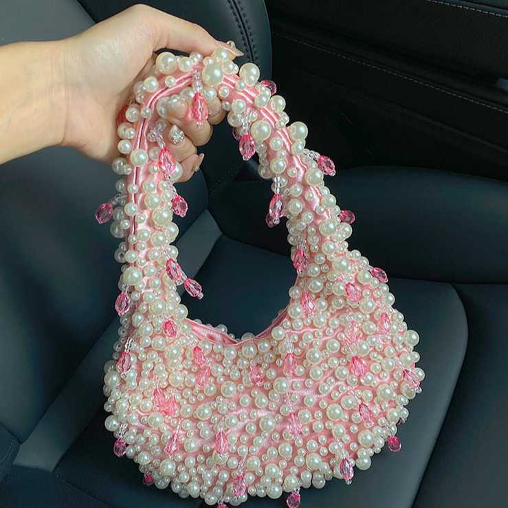 Sweet, fresh, cute, simple, casual, pearl crystal bead fashion, niche design, handbag, shoulder bag, underarm bag 250215