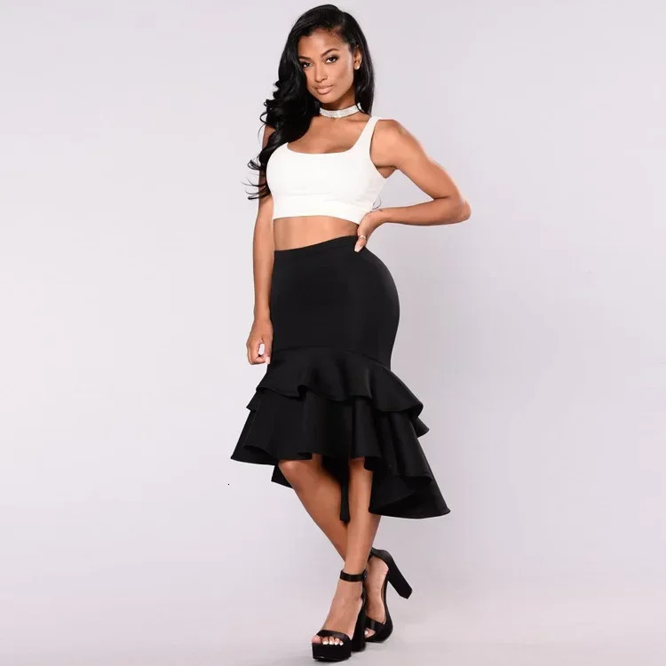 Sexy Fishtail Skirt Black Slim Ladies Spring Fashion Loose Mid Length Irregular Stitching Ruffled Hip Pencil 250220