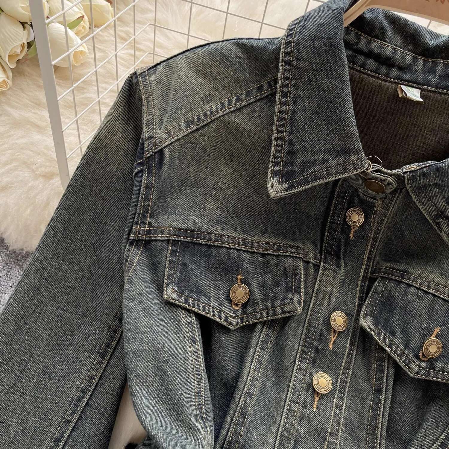 Vintage Washed Distressed Denim Jacket Autumn Women's Single-Breasted Tunic Shirt Long Sleeve Turn-Down Collar Jean Blouses Tops