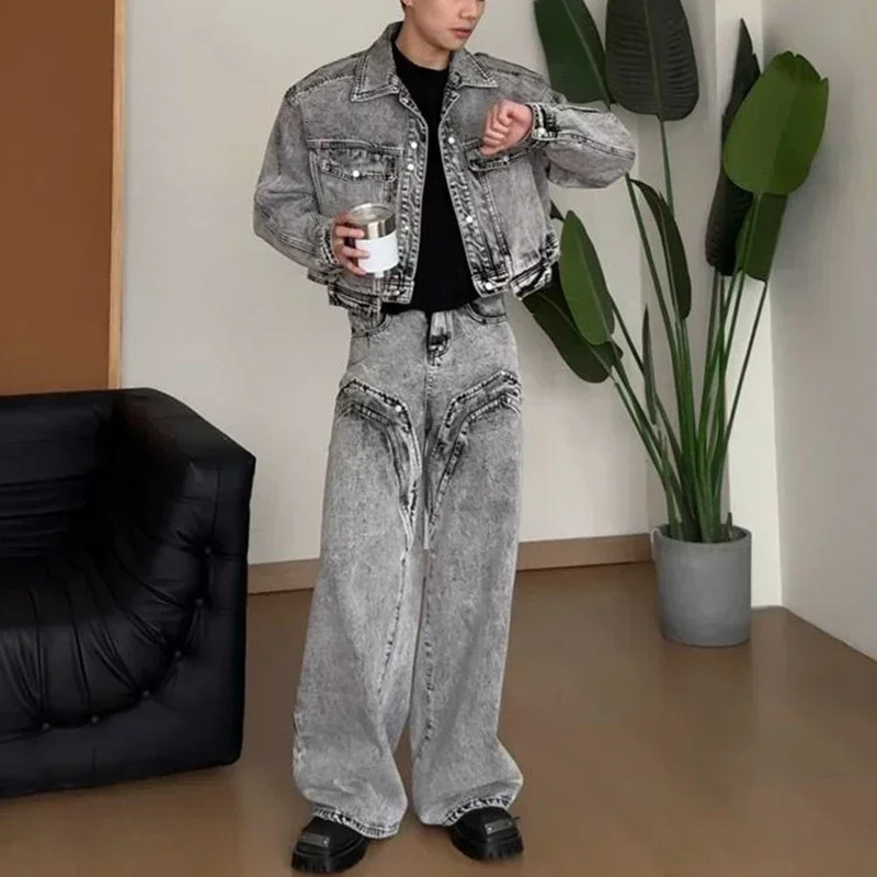 High end jeans from the United States mens and womens styles loose fitting Korean streetwear Spring and Autumn wide leg pants fashionable denim jacket