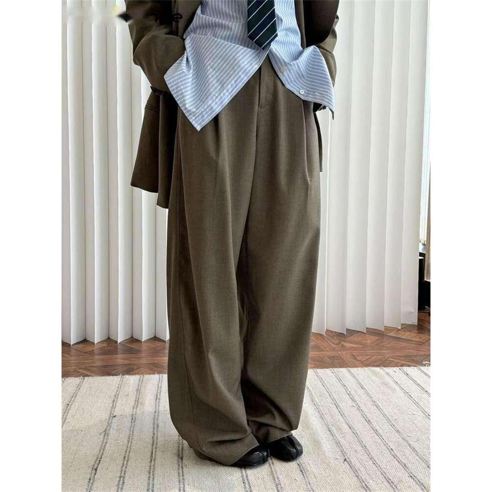 Hanorange 2025 Spring Quiet High Intelligence Silhouette Trousers Women Wing Stylish Wide Leg Pants Mixed Gray/Dark Tea Brown