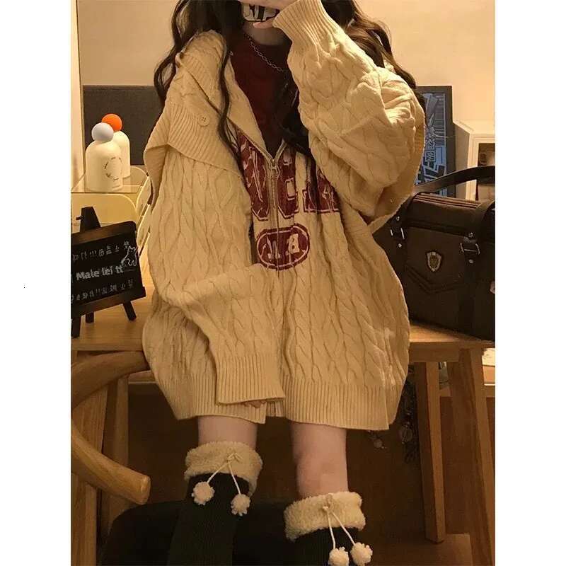 Loose-Fit Idle Cardigan Sweater Women's Spring Autumn Hooded Soft Supple Vintage Japanese Style Coat Thickened